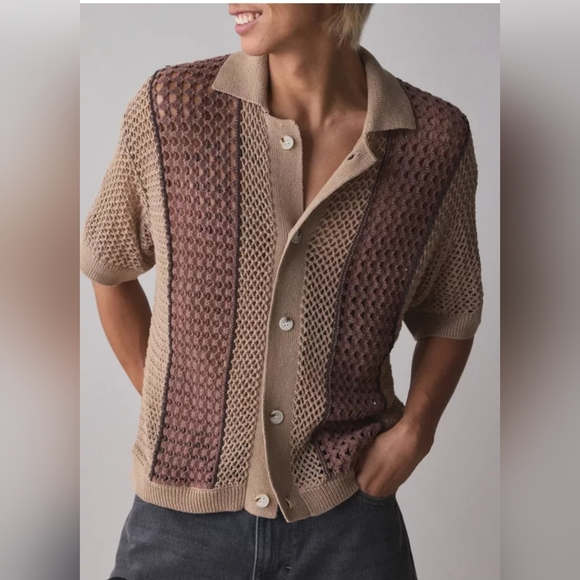 Urban Outfitters Other - Mens Urban Outfitters Crochet Norwich Paneled Short Sleeve Polo Sweater. Sz L